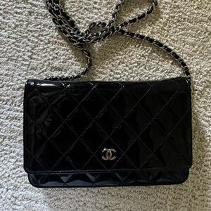 CHANEL Black Patent Wallet on a Chain